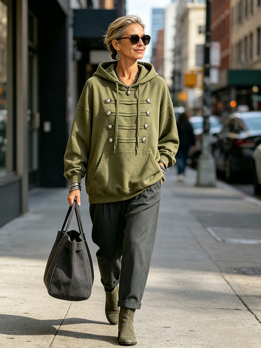 Shona military frogging hoodie in olive green, full-length view with grey trousers