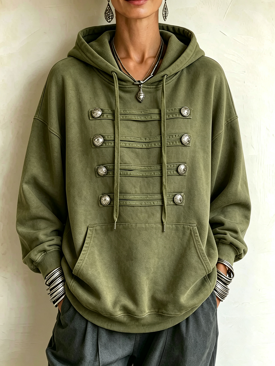 Shona military frogging hoodie in olive green, front view with silver buttons and kangaroo pocket