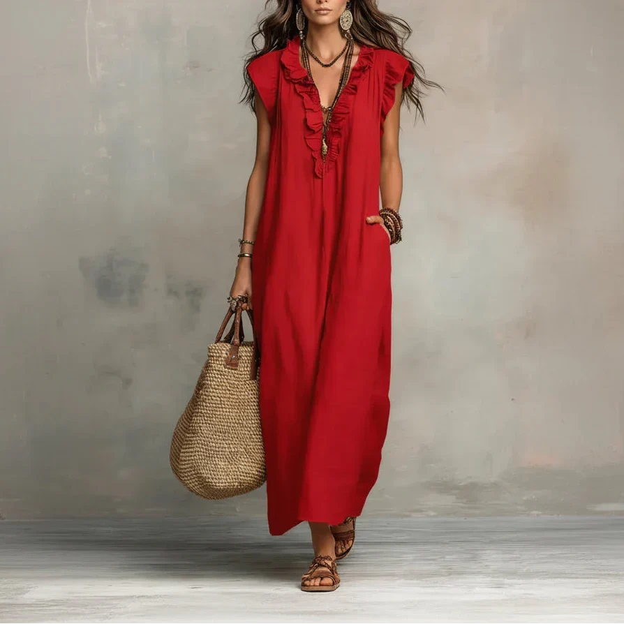 Zoe long linen-look ruffle dress in red, full-length front view