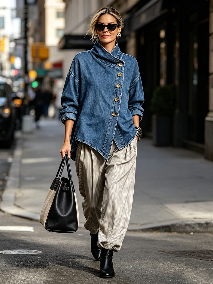 Nerys oversized denim shirt in blue, full-length street view with ankle boots