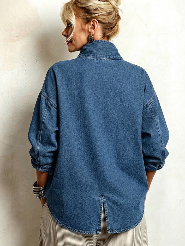 Nerys oversized denim shirt in blue, back view with rounded hem and centre slit