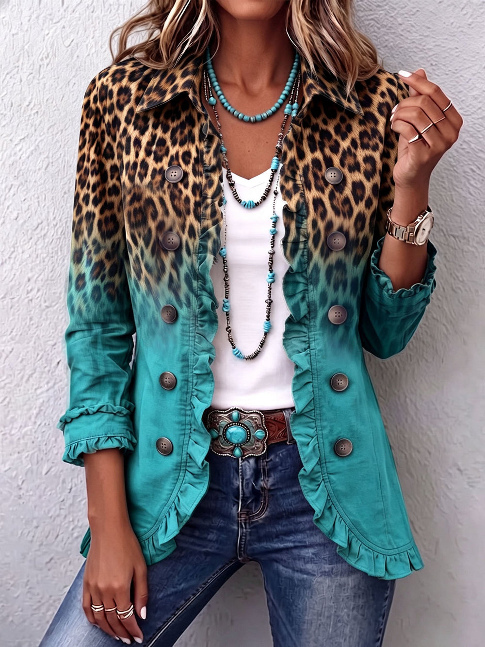 MERCEDES | OMBRE LEOPARD RUFFLE BLAZER