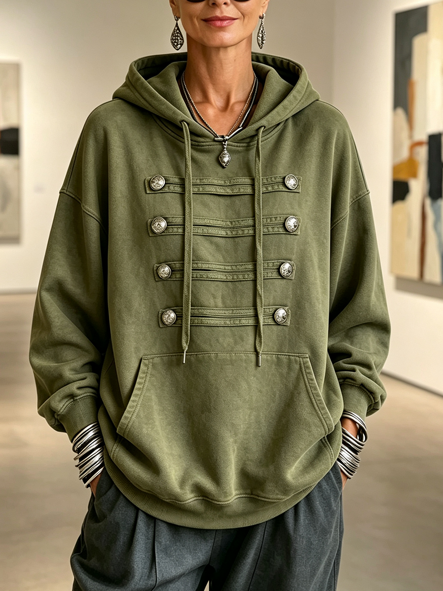 Shona military frogging hoodie in olive green, front view with drawstring hood