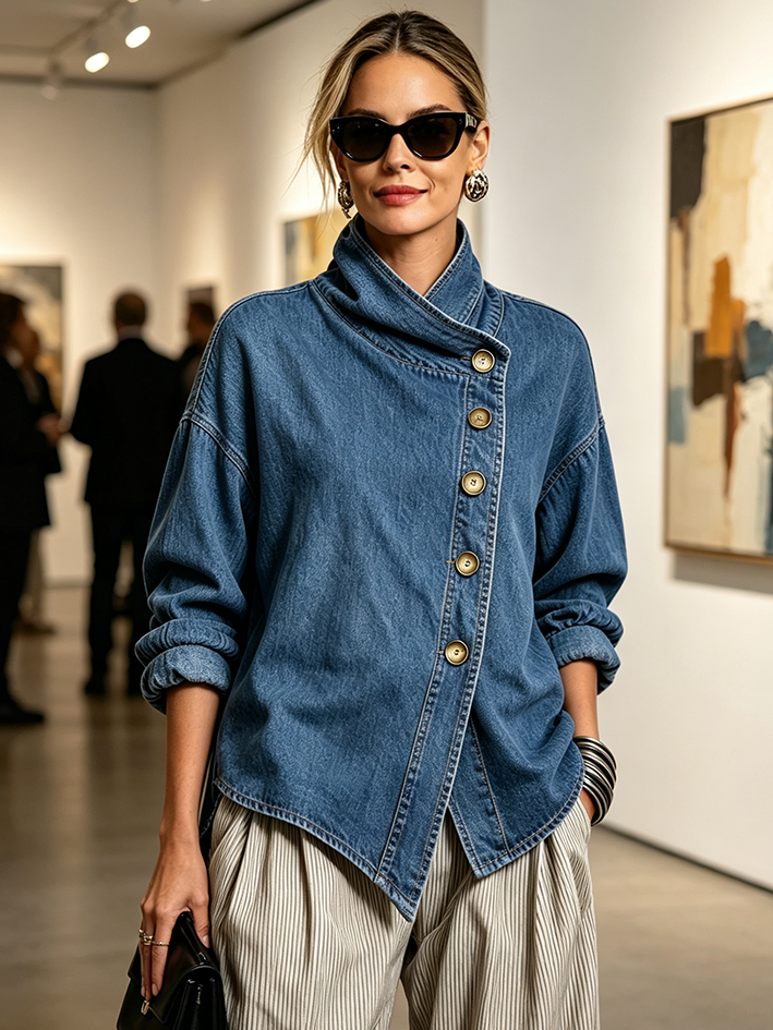 Nerys oversized denim shirt in blue, three-quarter front view with striped trousers