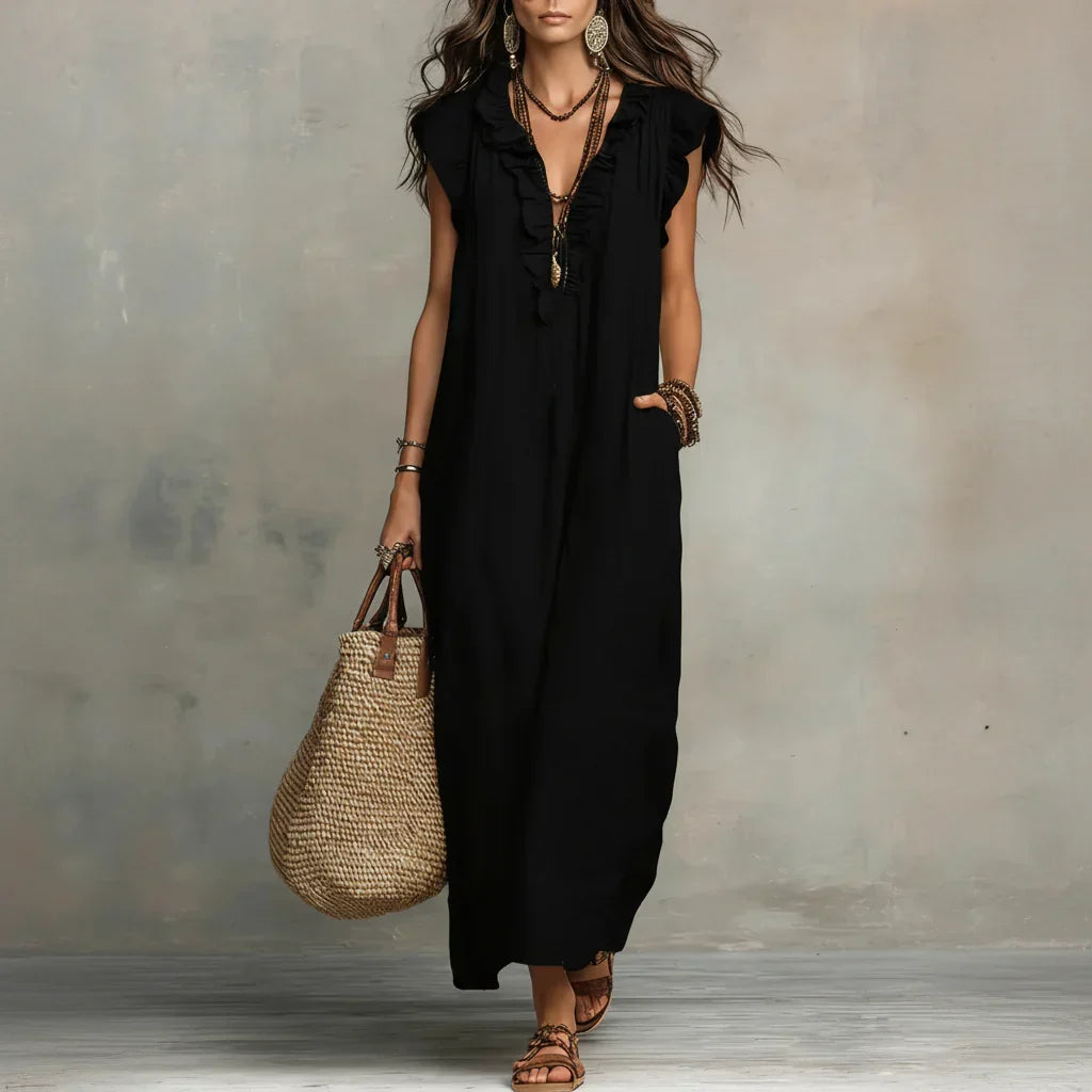 Zoe long linen-look ruffle dress in black, full-length front view