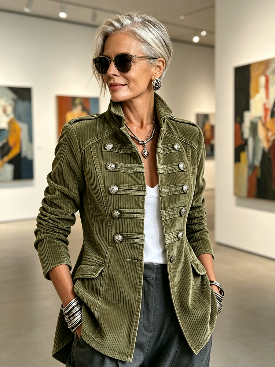 Tamsin corduroy military jacket in olive green, three-quarter view with stand collar