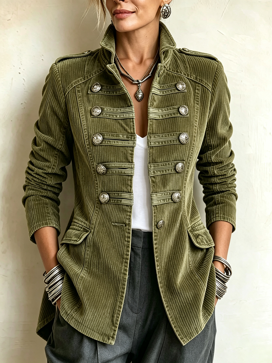 Tamsin corduroy military jacket in olive green, front view with silver-buttoned frogging