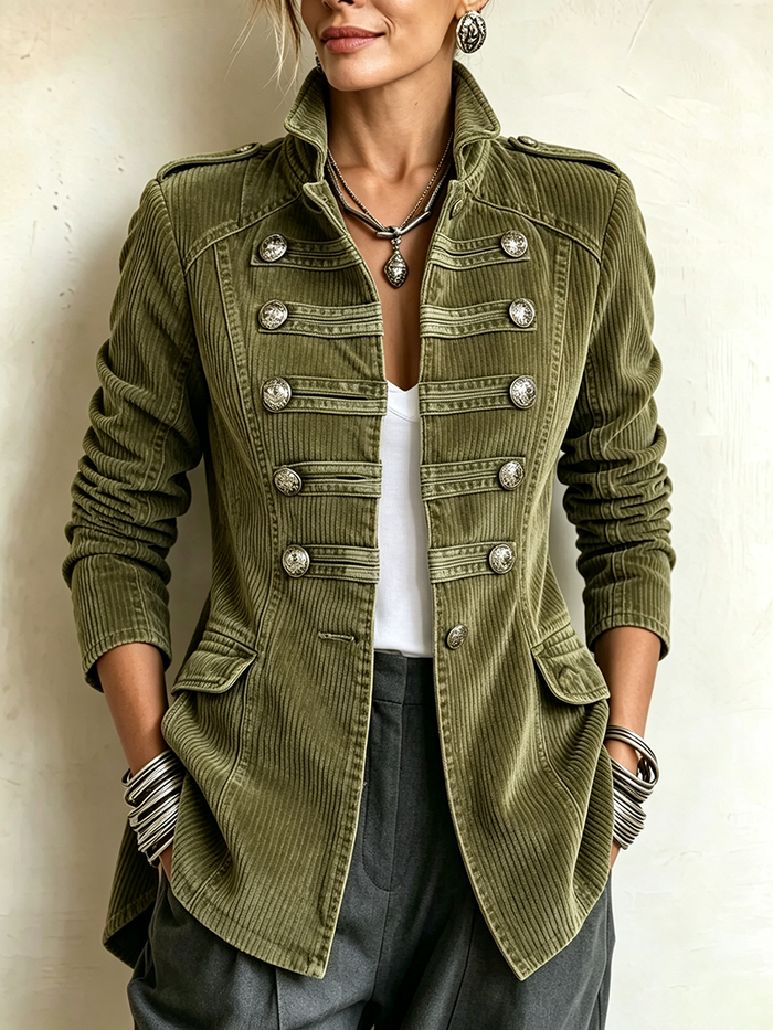 Tamsin corduroy military jacket in olive green, front view with silver-buttoned frogging