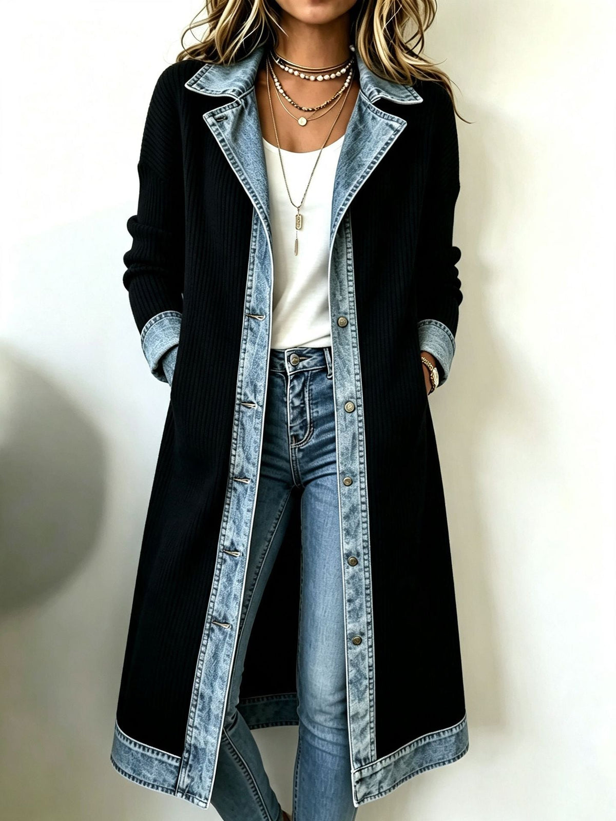 Wilhelma longline knit cardigan in black with denim-look trim, front view