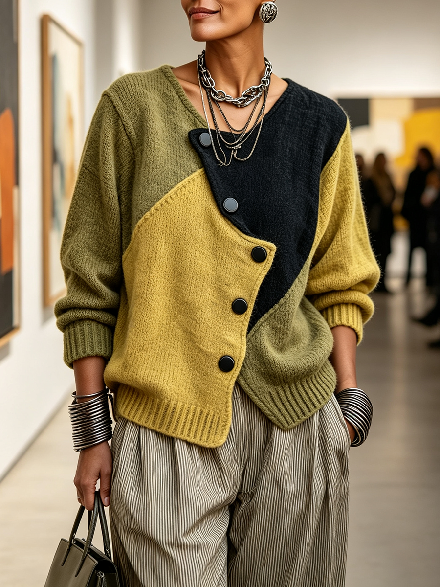 Mirabel oversized colour-block cardigan in olive and mustard, worn in a gallery