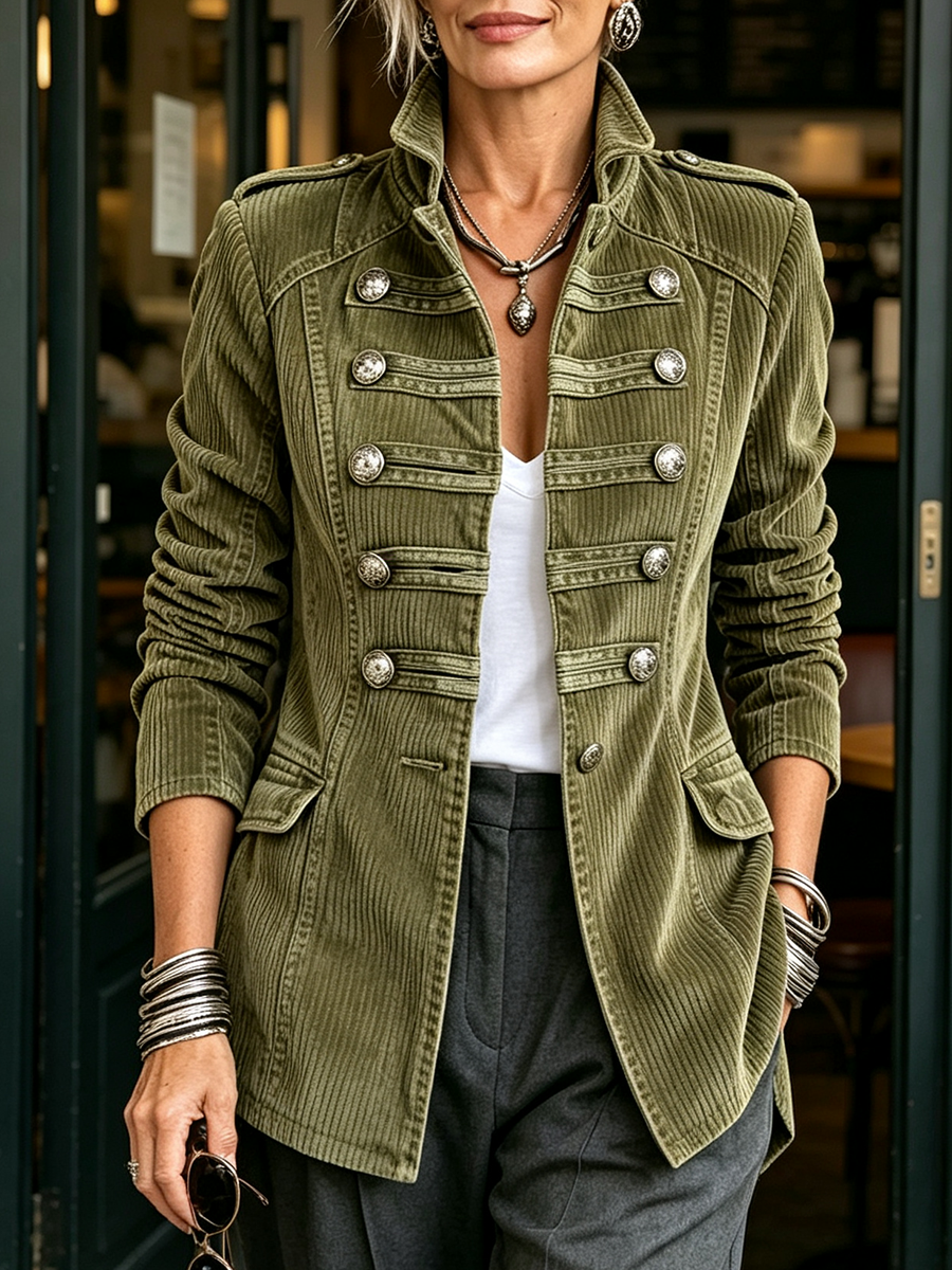 Tamsin corduroy military jacket in olive green, close front view with epaulettes and flap pockets