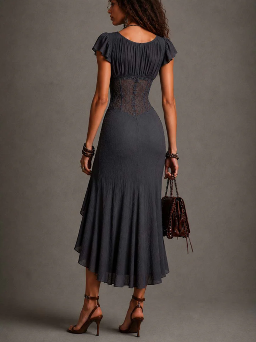 Carmen | Charcoal Grey Lace & Chiffon V-Neck Midi Dress