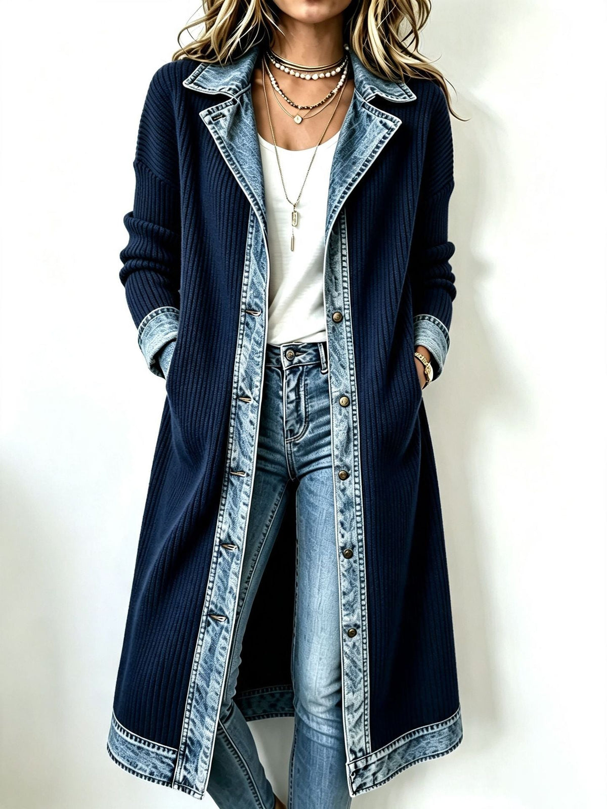 Wilhelma longline knit cardigan in navy with denim-look trim, front view