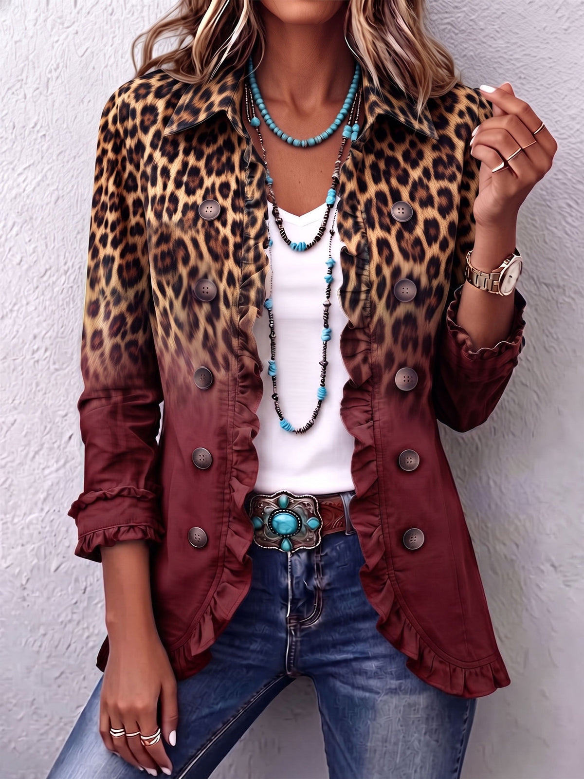 MERCEDES | OMBRE LEOPARD RUFFLE BLAZER