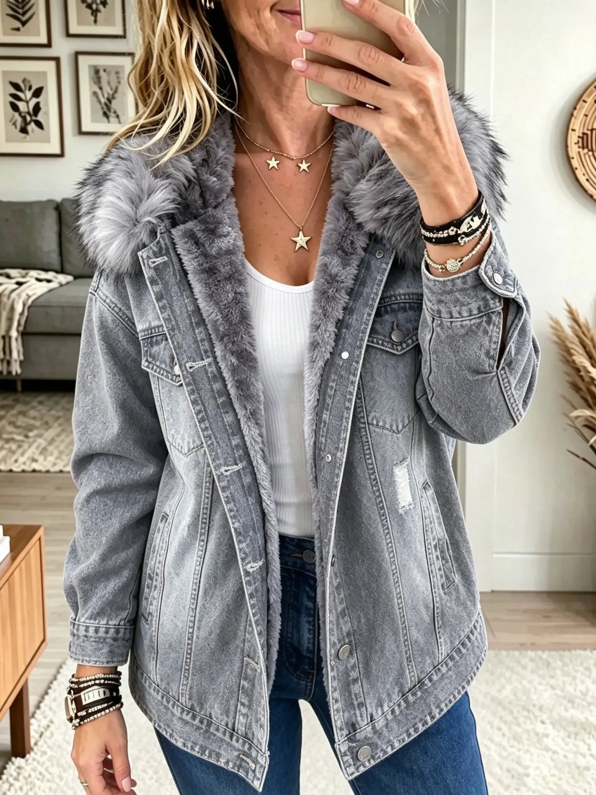 Honora denim-look jacket with faux fur collar in Grey, front view