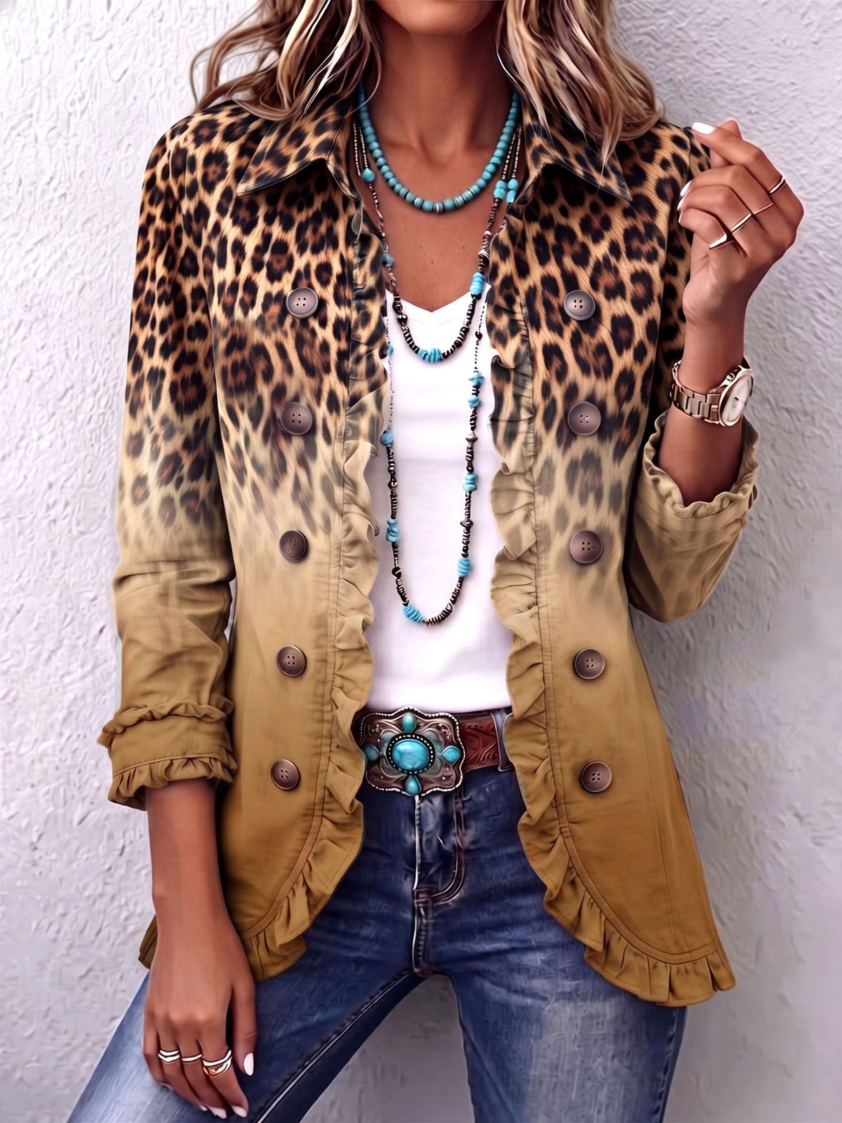 REYES | OCHRE OMBRE LEOPARD RUFFLE BLAZER