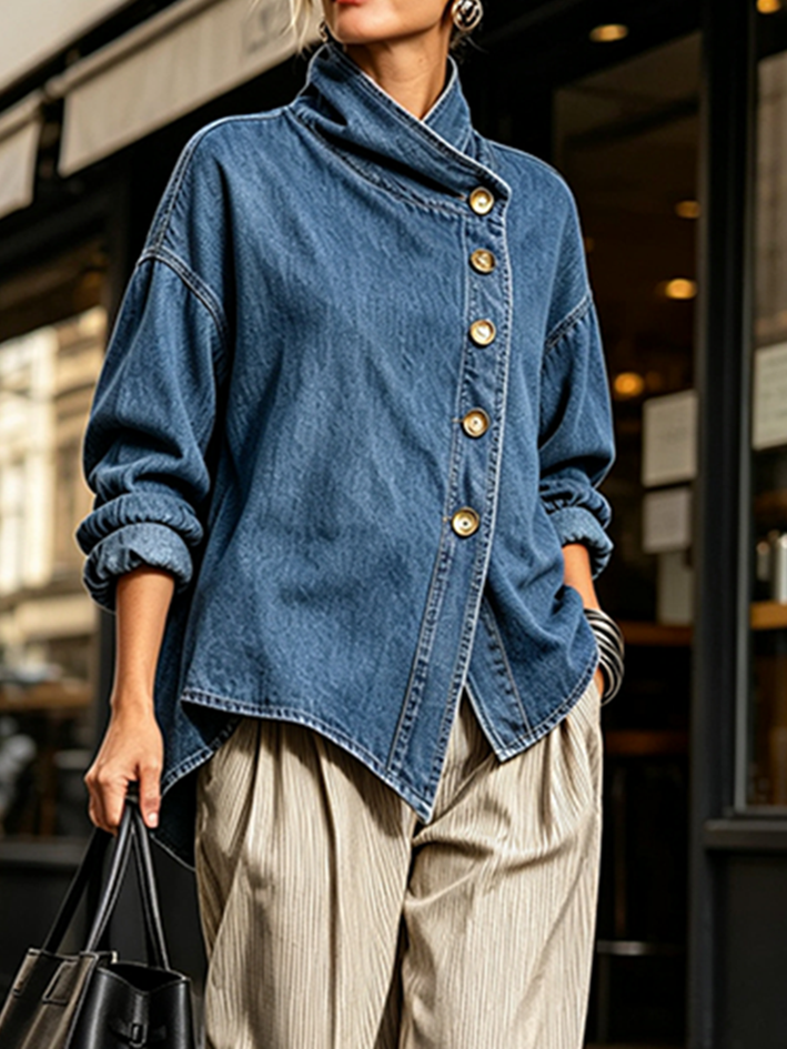 Nerys oversized denim shirt in blue, close view of pointed asymmetric hem