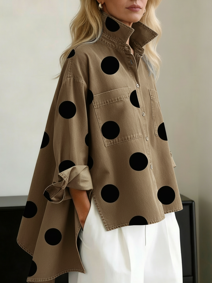 Mirabelle polka dot oversized shirt in tan, side view