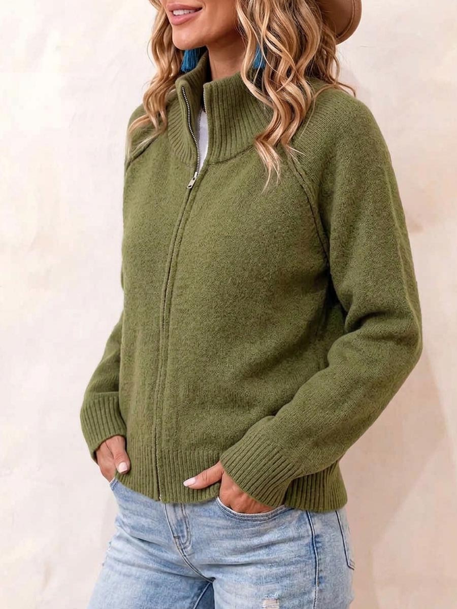 Ottilie zip-up knit cardigan in olive green, side view zipped with raglan sleeves