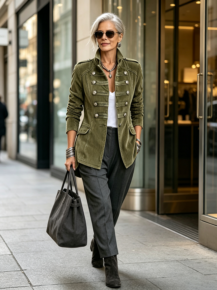Tamsin corduroy military jacket in olive green, full-length street view with grey trousers