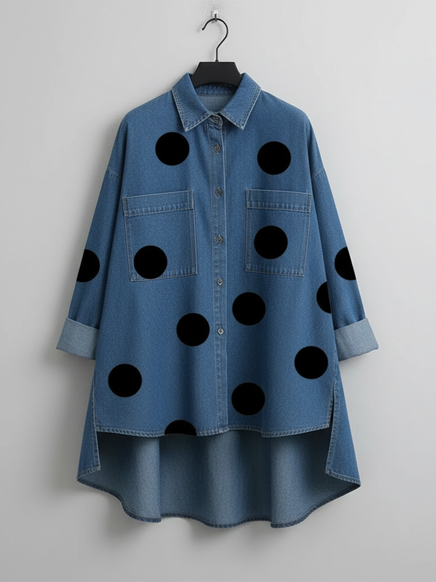 Mirabelle polka dot oversized shirt in blue, flat view on a hanger