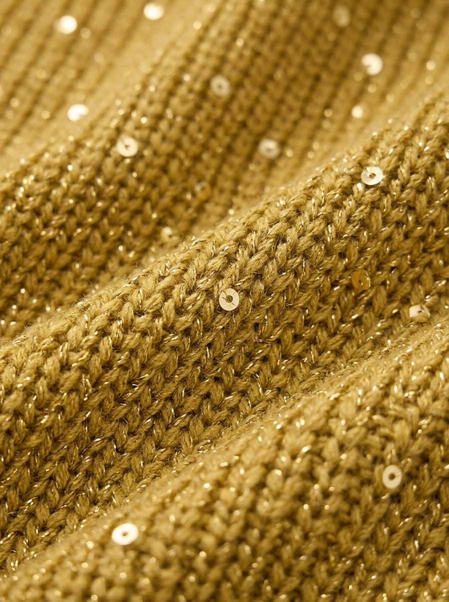 Carwen collared button cardigan in Gold sequin knit, close-up