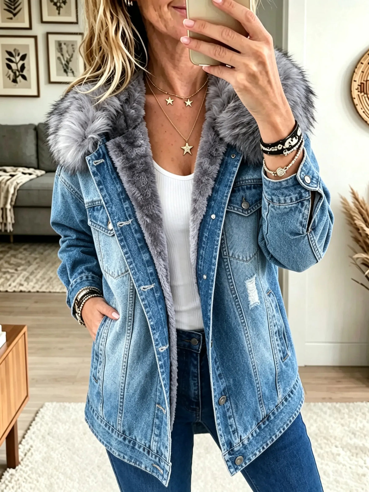 Honora denim-look jacket with faux fur collar in Blue, front view