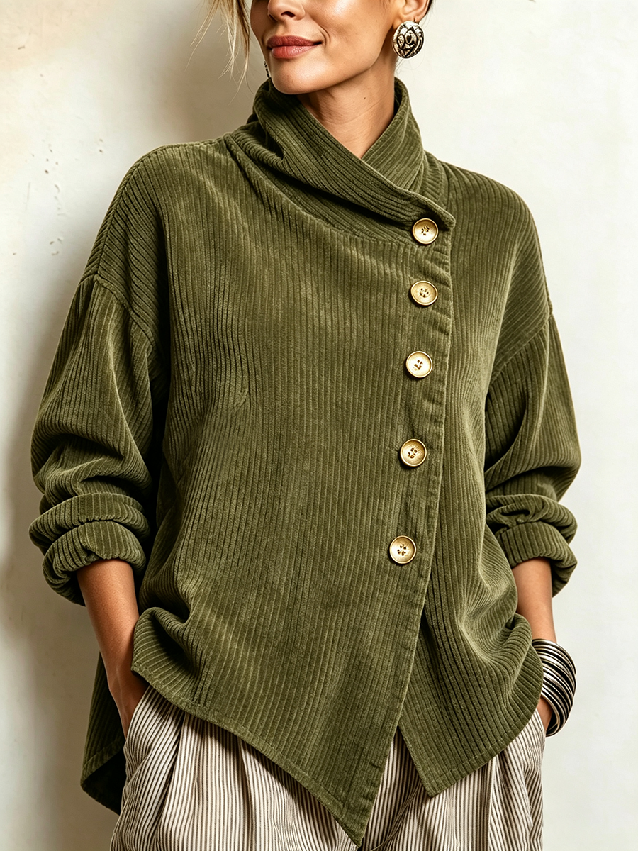 Clemmie corduroy high-neck tunic in olive green, front view with diagonal buttons