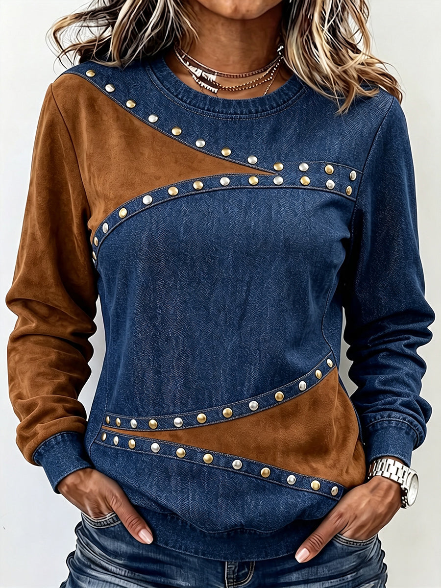 Sabrina studded colour-block jumper in blue and camel, front view with diagonal stud trim