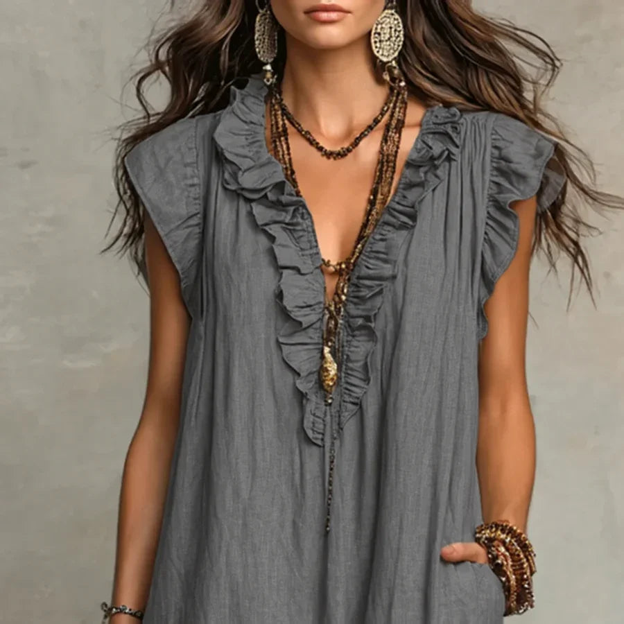 Zoe long linen-look ruffle dress in grey, close-up of ruffled tie V-neck