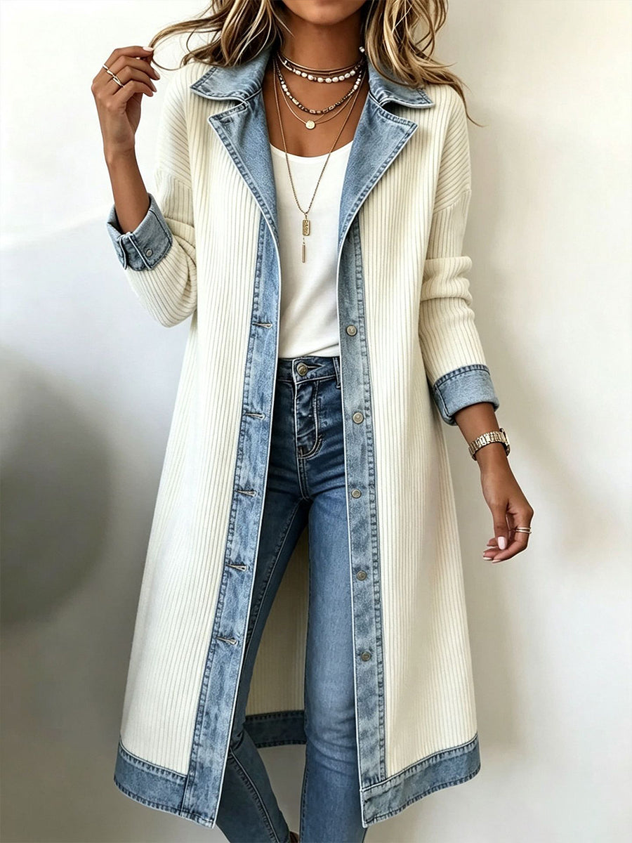 Wilhelma longline knit cardigan in white with denim-look trim, styled view