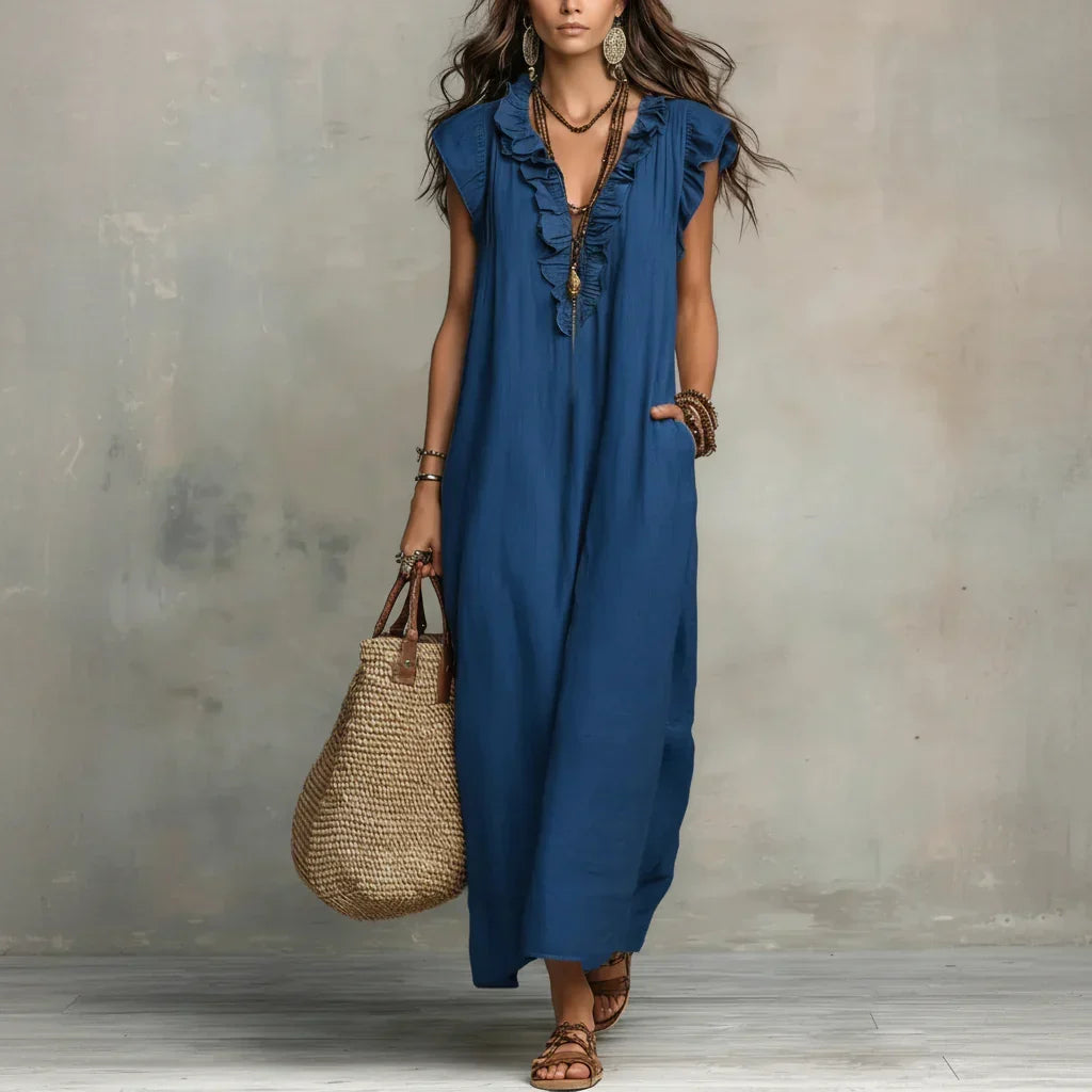 Zoe long linen-look ruffle dress in medium blue, full-length front view