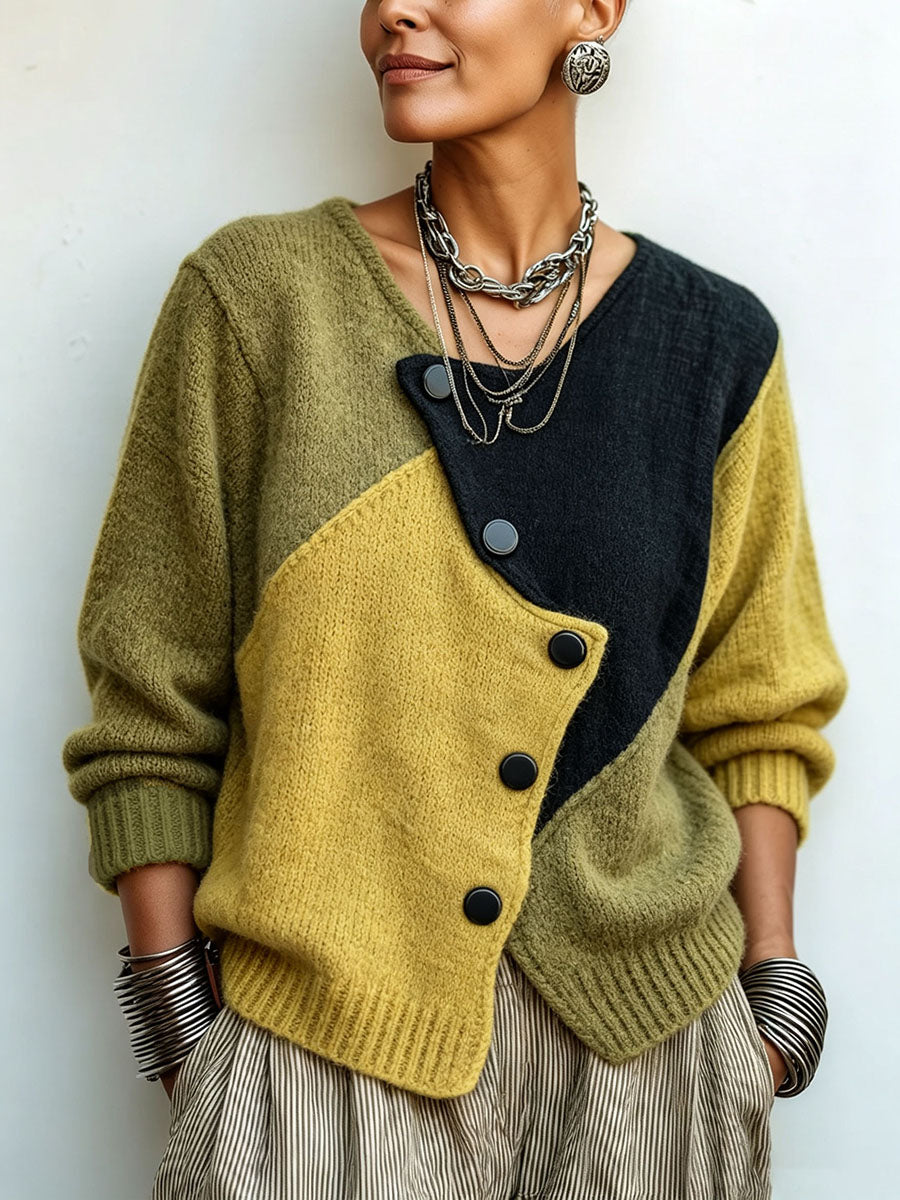 Mirabel oversized colour-block cardigan in olive and mustard, front view with diagonal buttons