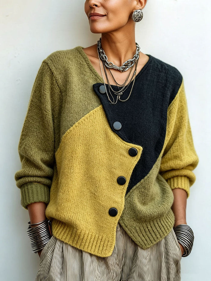 Mirabel oversized colour-block cardigan in olive and mustard, front view with diagonal buttons