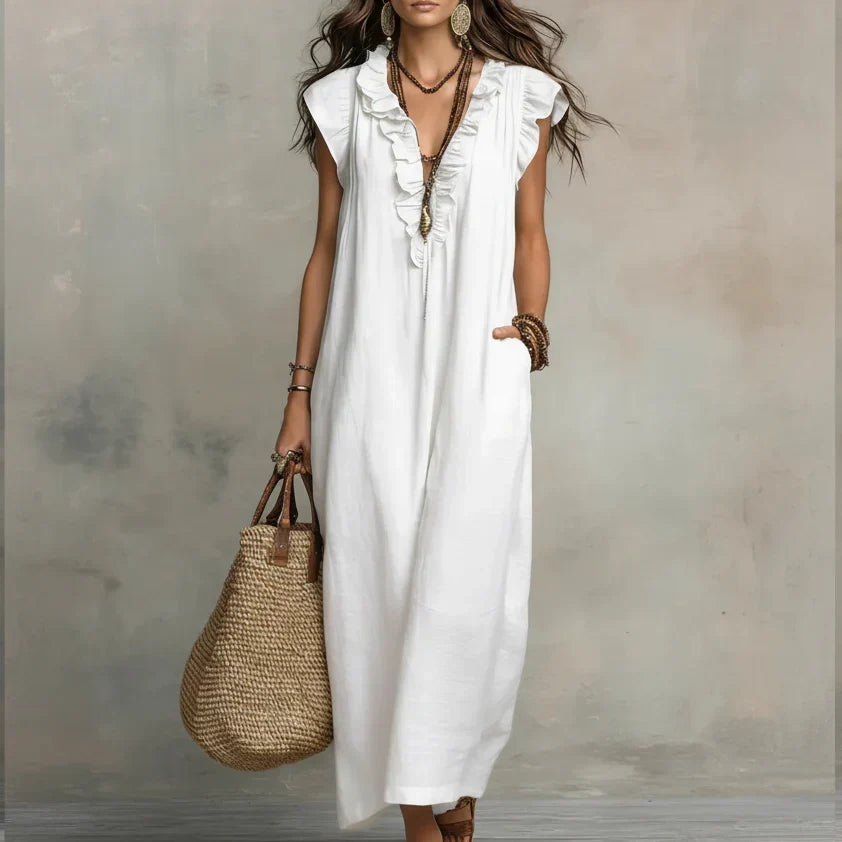Zoe long linen-look ruffle dress in white, full-length front view