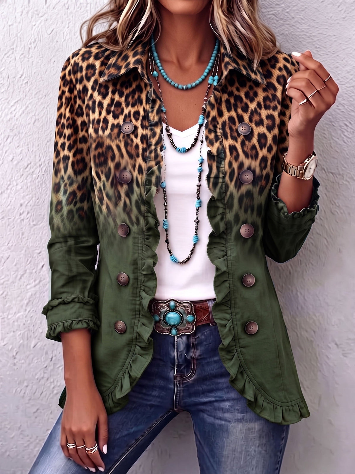 RAMONA | GREEN OMBRE LEOPARD RUFFLE BLAZER