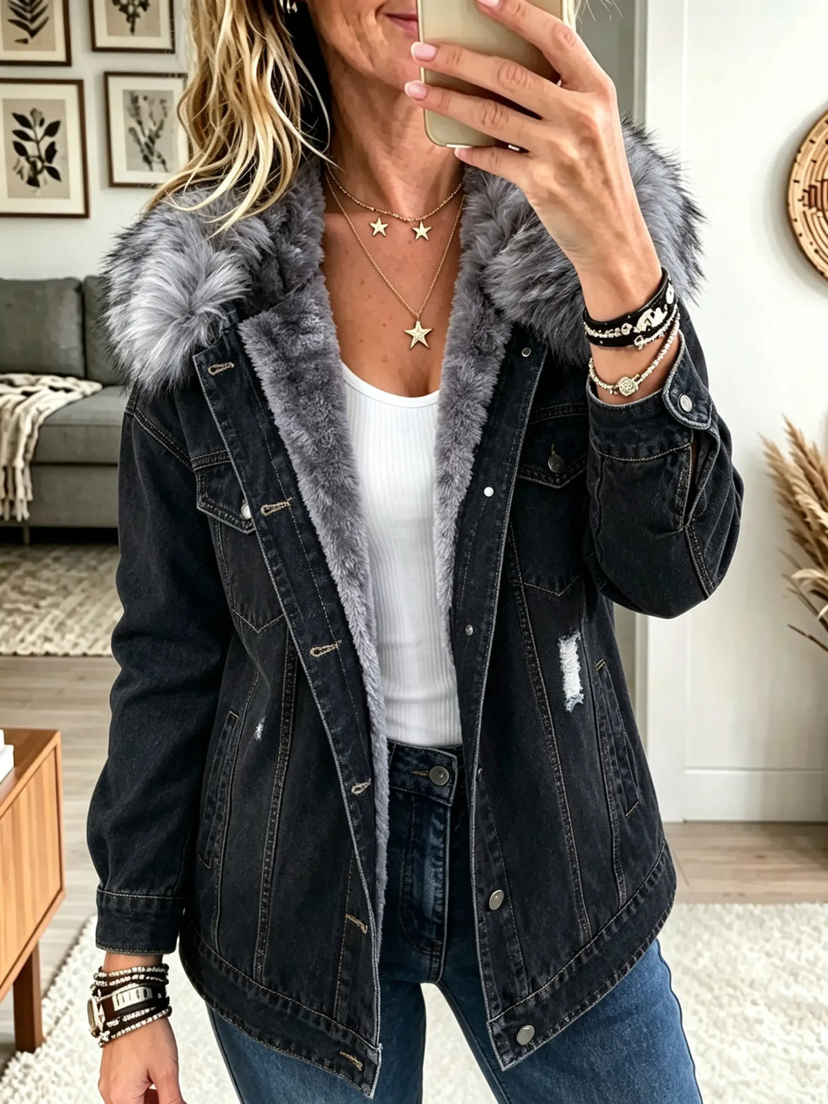 Honora denim-look jacket with faux fur collar in Black, front view