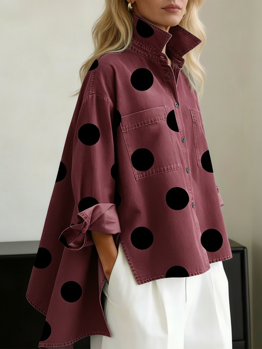 Mirabelle polka dot oversized shirt in burgundy, side view