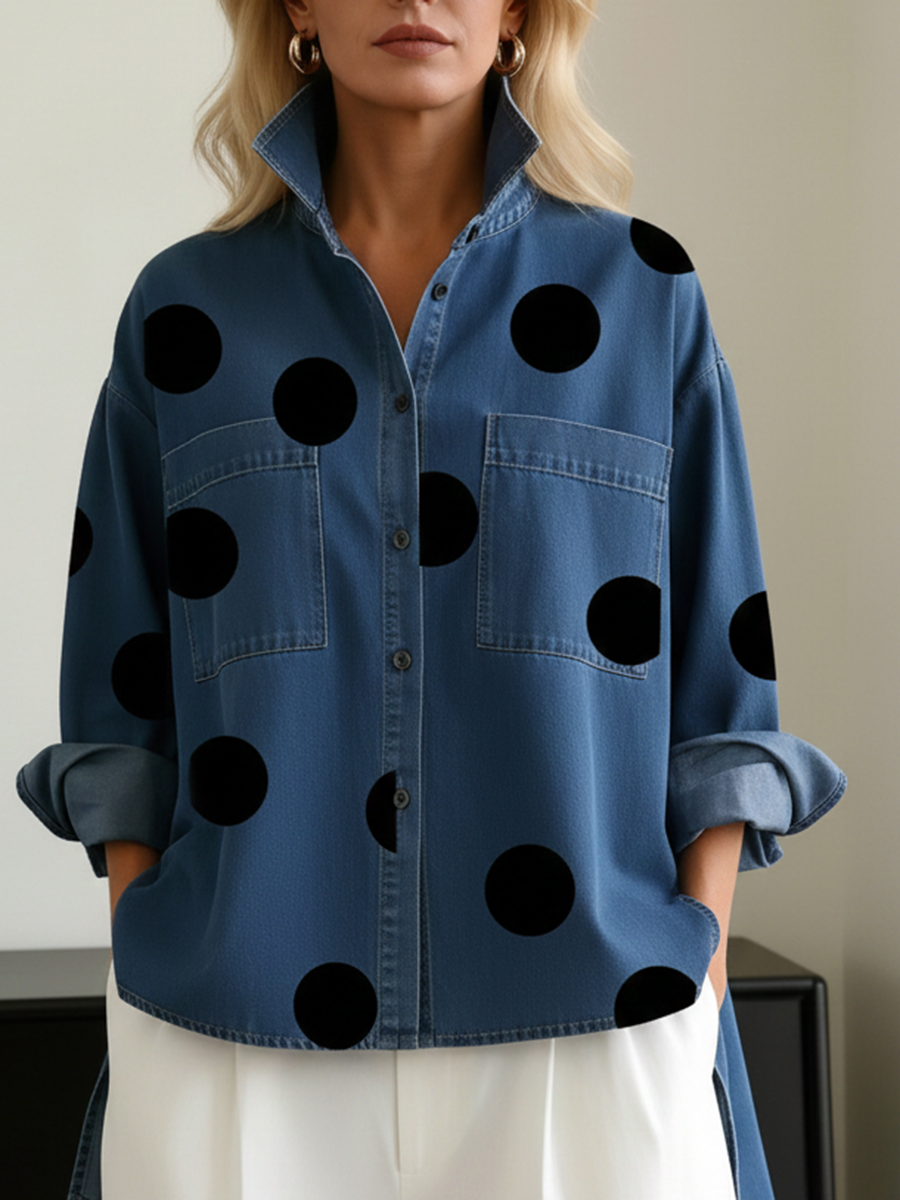 Mirabelle polka dot oversized shirt in blue, front view