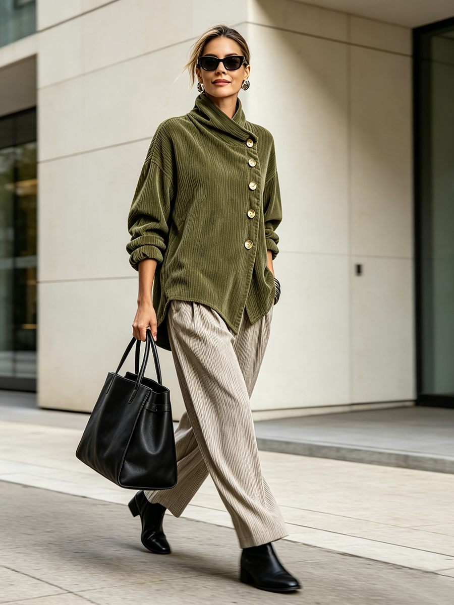 Clemmie corduroy high-neck tunic in olive green, full-length view with striped trousers