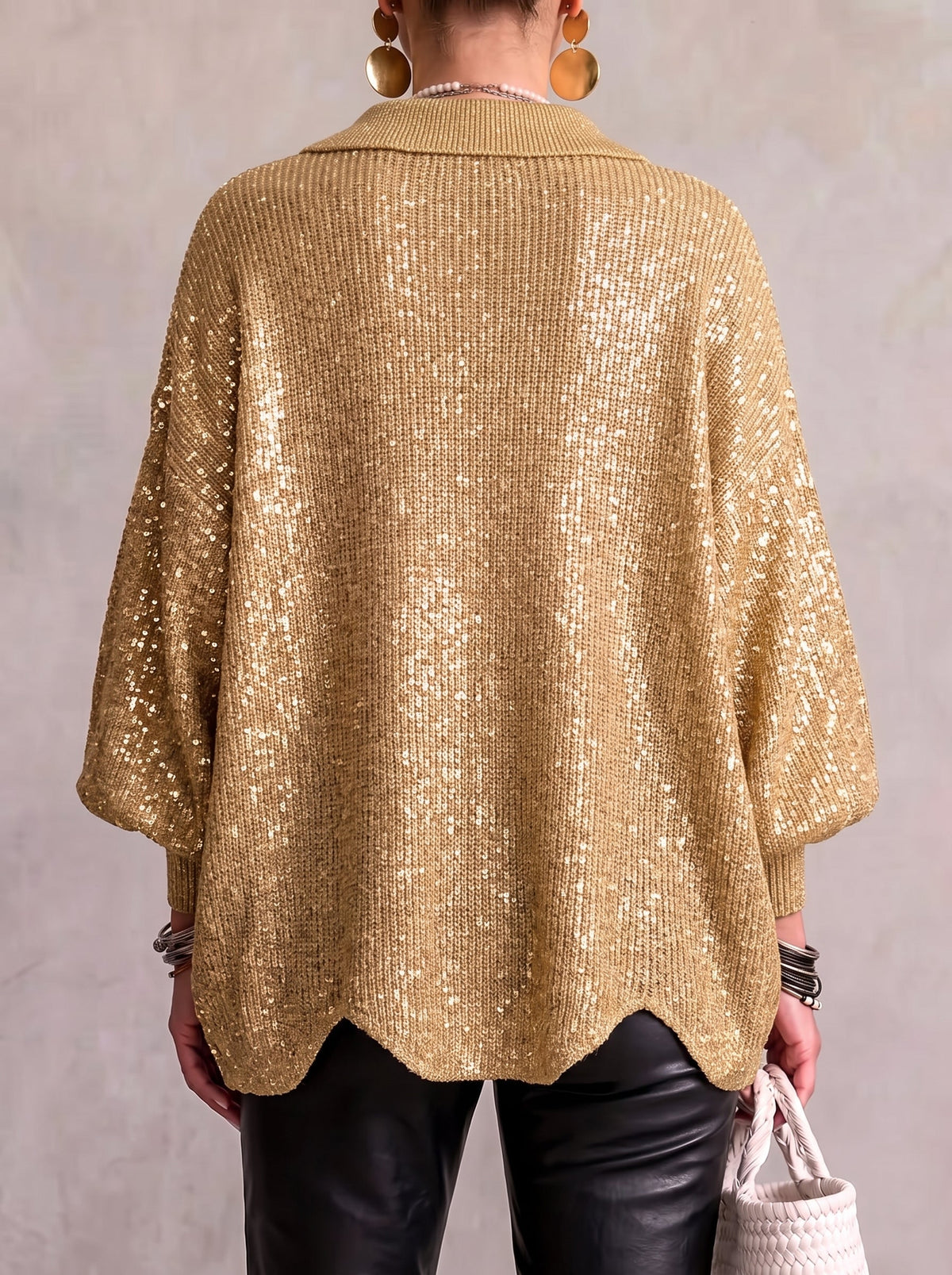 Carwen collared button cardigan in Gold sequin knit, back view
