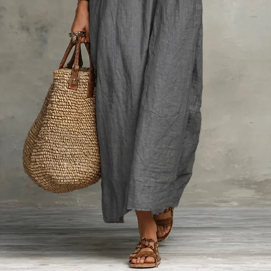 Zoe long linen-look ruffle dress in grey, close-up of skirt and hem