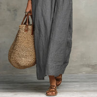 Zoe | Long Linen-Look Ruffle V-Neck Dress