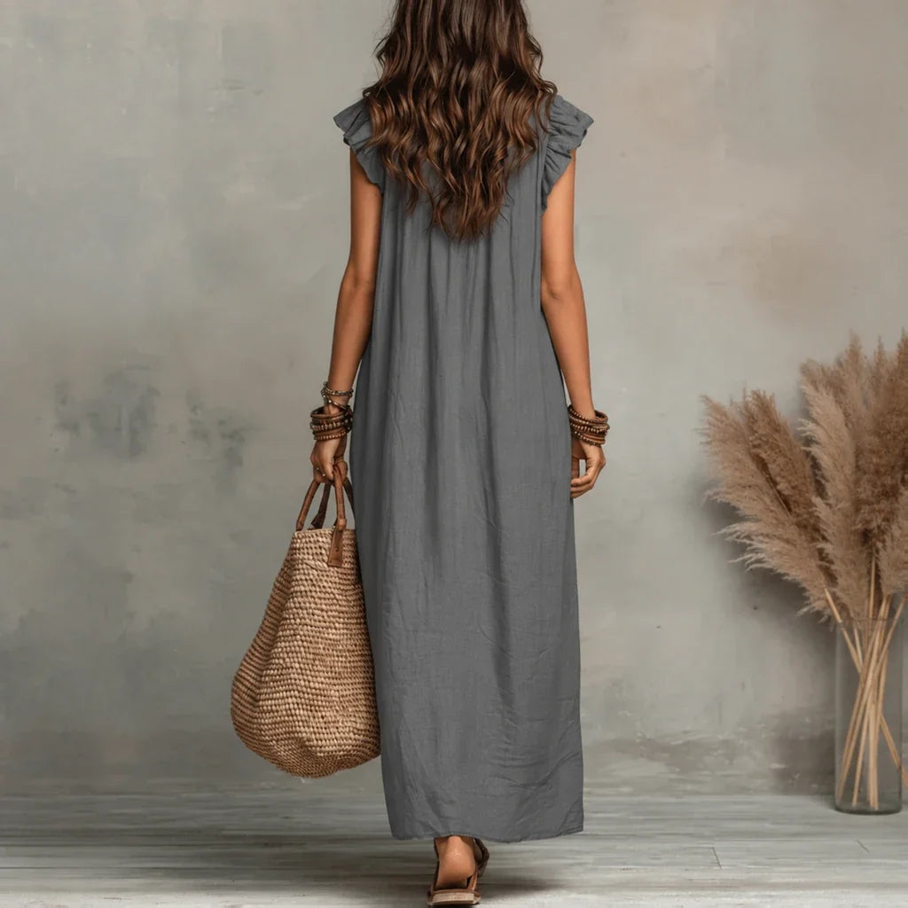 Zoe long linen-look ruffle dress in grey, full-length back view