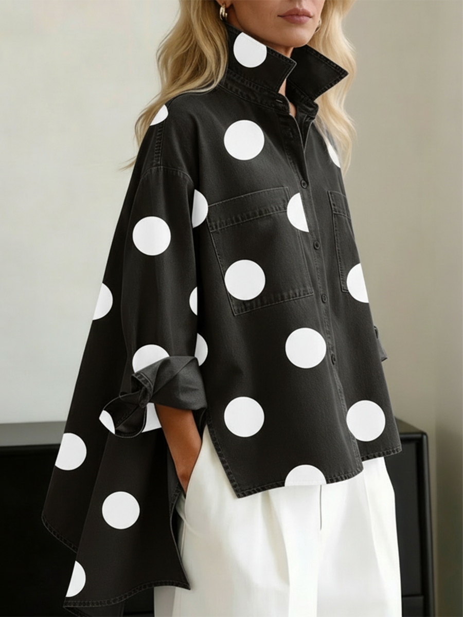 Mirabelle polka dot oversized shirt in black with white spots, side view