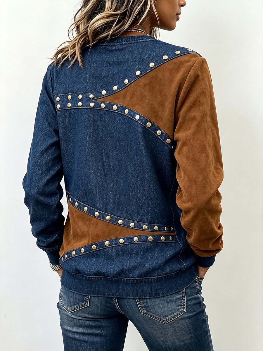 Sabrina studded colour-block jumper in blue and camel, back view with studded diagonal seams