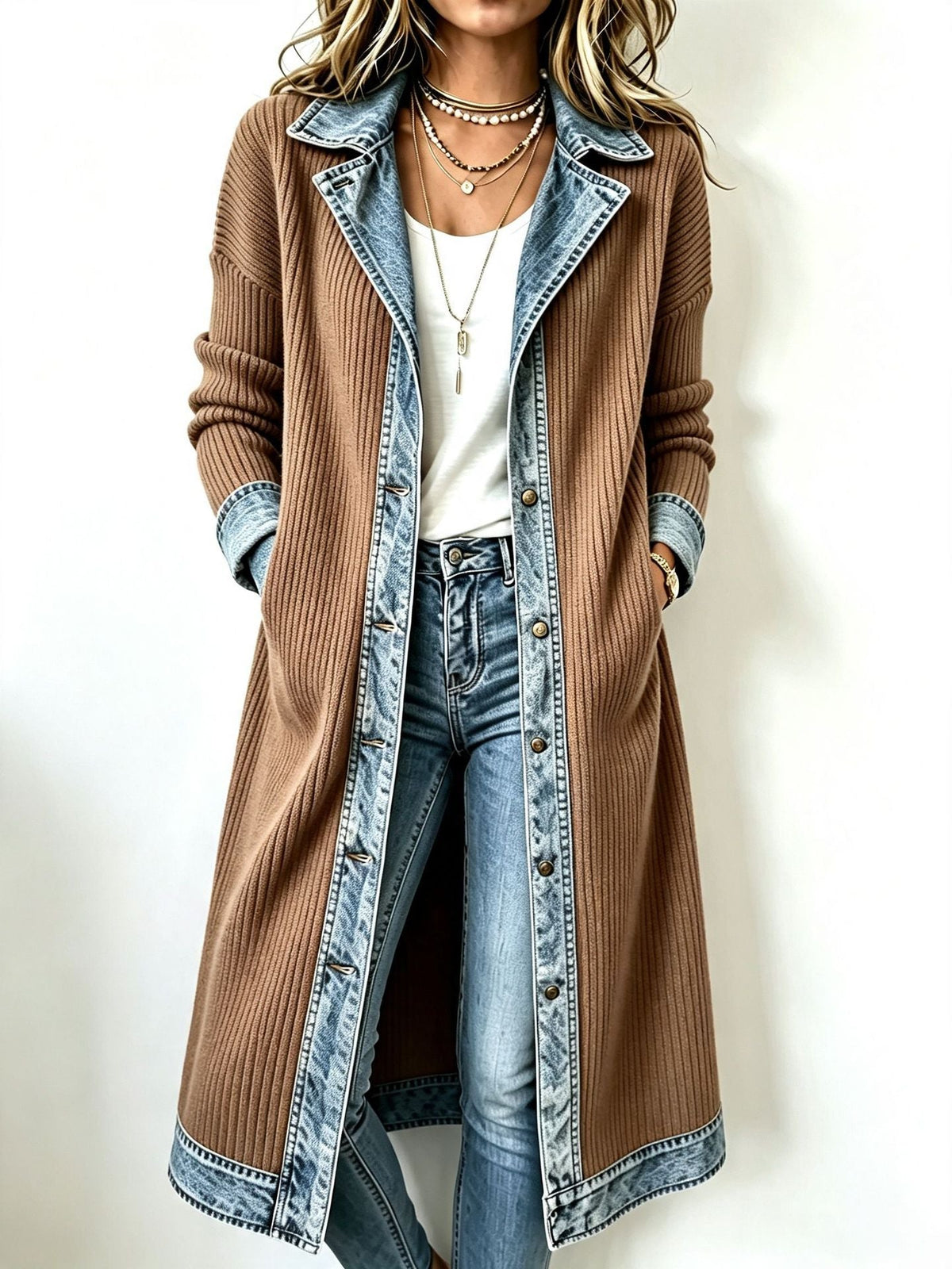 Wilhelma longline knit cardigan in camel with denim-look trim, front view