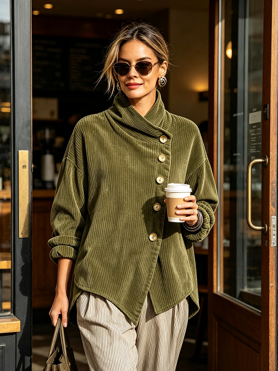 Clemmie corduroy high-neck tunic in olive green, three-quarter front view with wrap collar