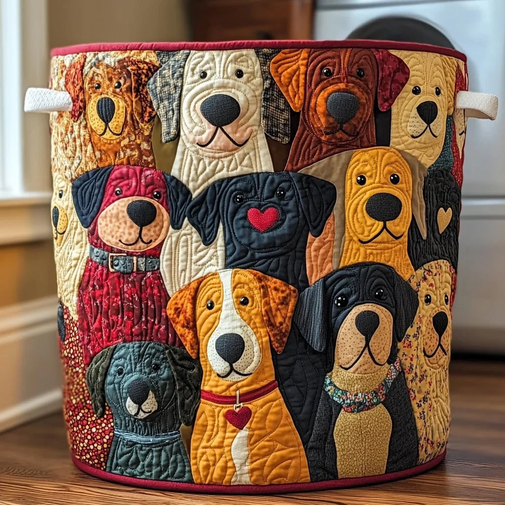 Cinzia hand-quilted laundry basket with a crowd of patchwork dogs, front view