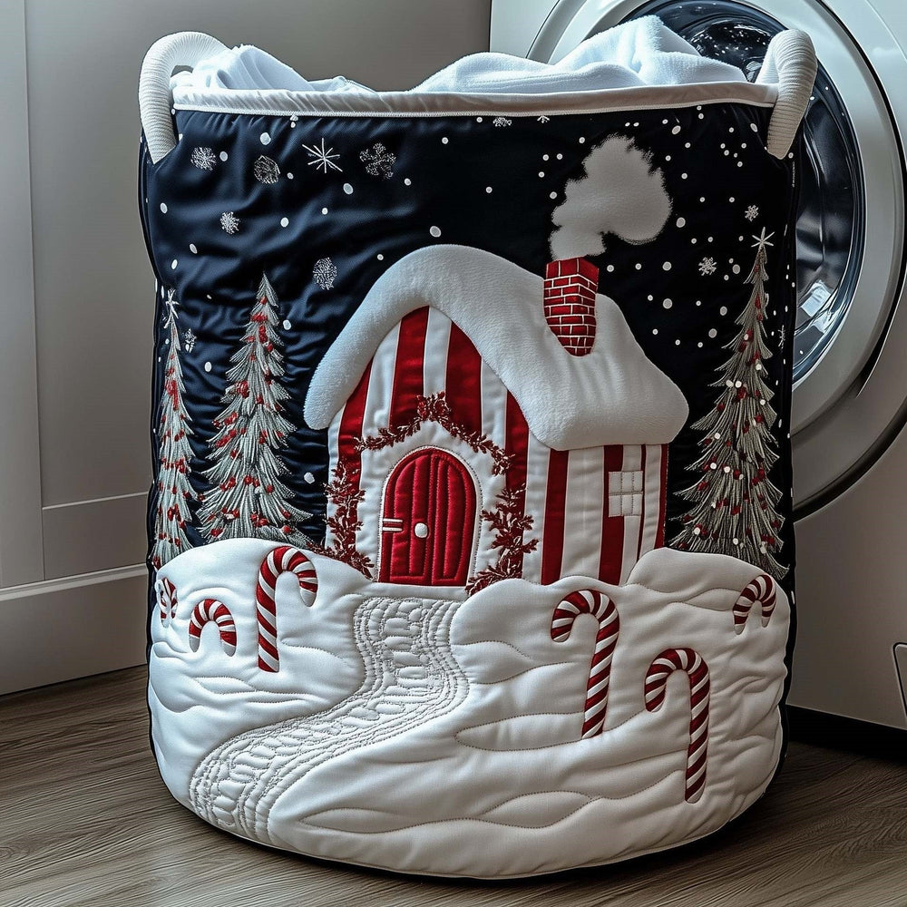 Lavinia hand-quilted laundry basket with a striped Christmas cottage under a starry navy sky, front view